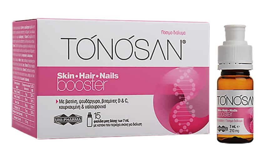 Συμπλήρωμα διατροφής για την ενίσχυση και διατήρηση της υγιούς κατάστασης του δέρματος, των μαλλιών και των νυχιών, Tonosan, Skin• Hair• Nails Booster, Uni-Pharma (στα Φαρμακεία από τη UniPharma)
