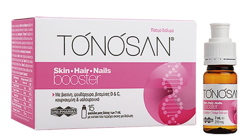Συμπλήρωμα διατροφής για την ενίσχυση και διατήρηση της υγιούς κατάστασης του δέρματος, των μαλλιών & των νυχιών, Tonosan, Skin· Hair· Nails Booster, Uni-Pharma (στα Φαρμακεία από τη Uni-Pharma) 
