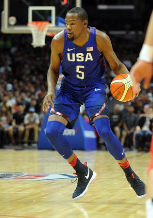 July 24, 2016; Los Angeles, CA, USA; USA guard Kevin Durant controls the ball against China in the first half during an exhibition basketball game at Staples Center. Mandatory Credit: Gary A. Vasquez-USA TODAY Sports