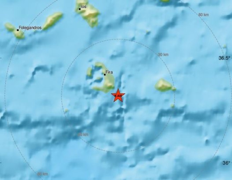 χάρτης με σεισμό στην Σαντορίνη
