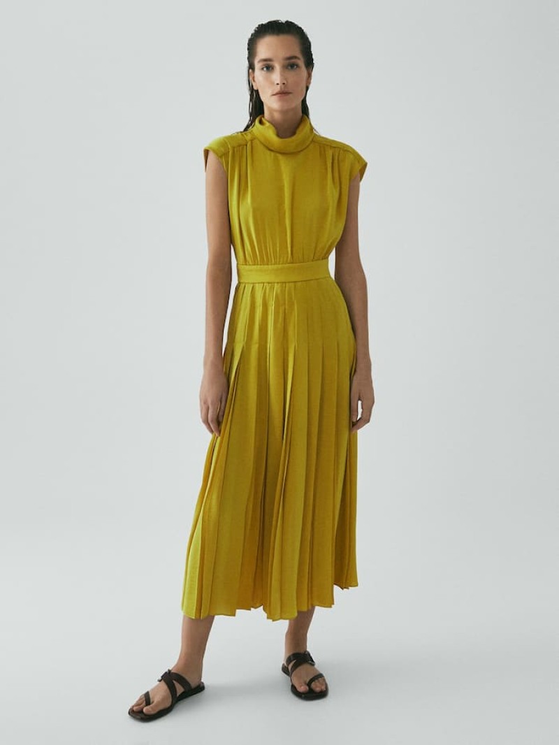 Massimo Dutti κίτρινο πλισέ φόρεμα
