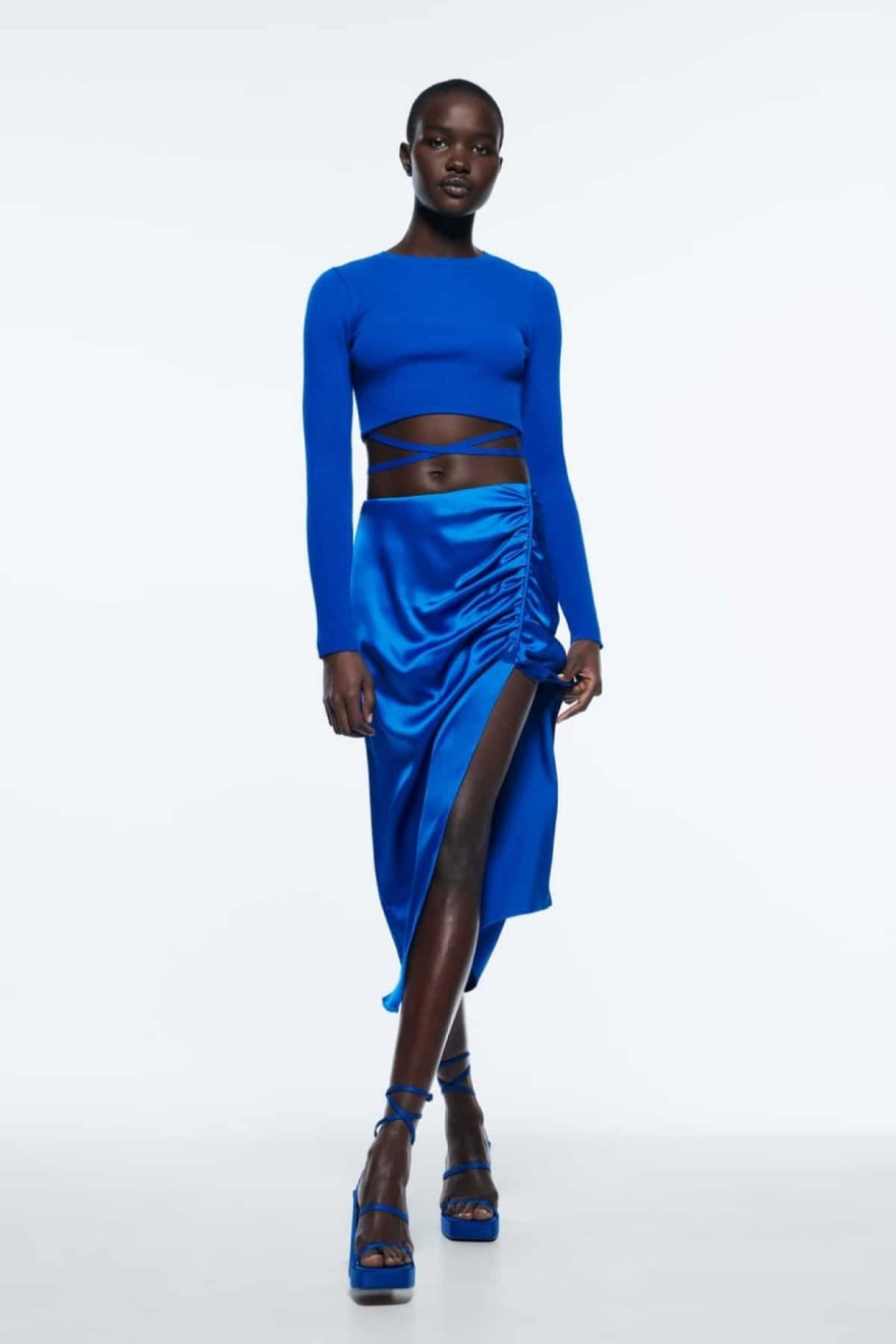 Zara μπλε σατινέ φούστα