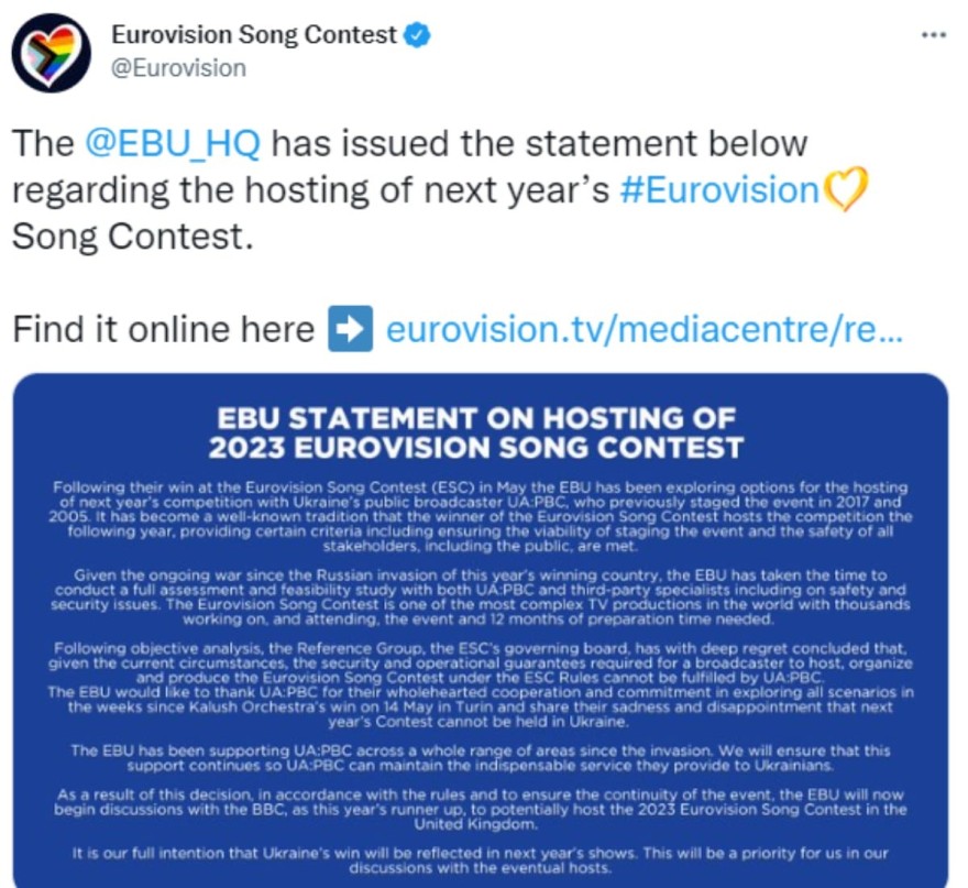 Η ανακοίνωση της EBU για την Eurovision 2023 και την Ουκρανία