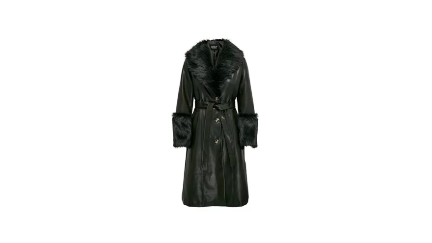 μαύρο δερμάτινο παλτό με γούνα