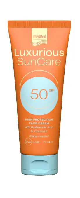 Αντηλιακή κρέμα προσώπου για υψηλή προστασία και ανάπλαση, Luxurious, SunCare, High Protection Face Cream SPF50, InterMed (σε φαρμακεία & σε επιλεγμένα καταστήματα λιανικής από την InterMed)