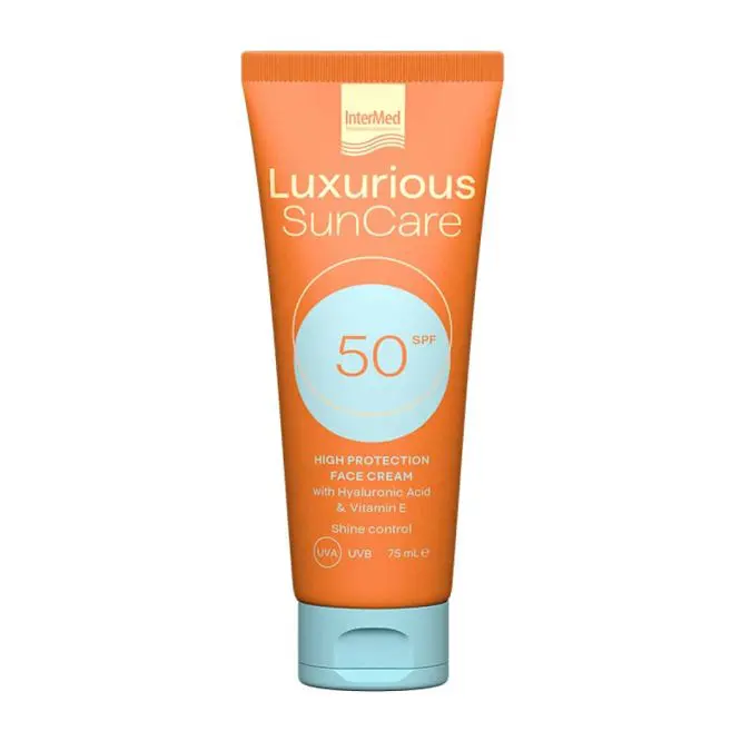 Αντηλιακή κρέμα με υαλουρονικό οξύ & βιταμίνη Ε για υψηλή προστασία και ανάπλαση, Luxurious, SunCare Face Cream SPF50, InterMed (στα Φαρμακεία από την InterMed)