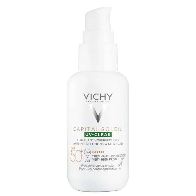 Αντηλιακό προσώπου, Capital Soleil, UV-Clear, Fluid Anti-Imperfections SPF50+, Vichy, €26,56 (στα Φαρμακεία)