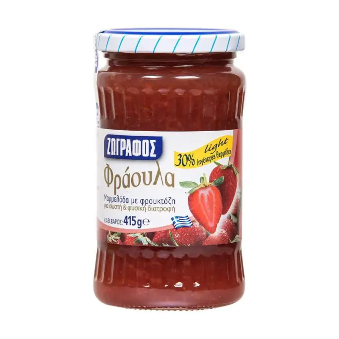 Μαρμελάδα με φρουκτόζη για σωστή & φυσική διατροφή με 30% λιγότερες θερμίδες, Φράουλα, Ζωγράφος (zografosdiet.gr)