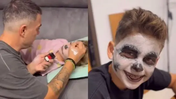 Ο Στέλιος Χανταμπάκης βάφει τα παιδιά του για το Χάλογουιν.