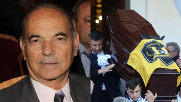 Ο ΑΝτώνης Αντωνιάδης στο θέατρο (αριστερά) και το φέρετρο από την κηδεία του Σαργκάνη (δεξιά)