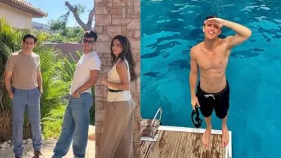 Ο Νικόλας Χαλκιαδάκης στην σειρά (αριστερά) και στην θάλασσα (δεξιά)