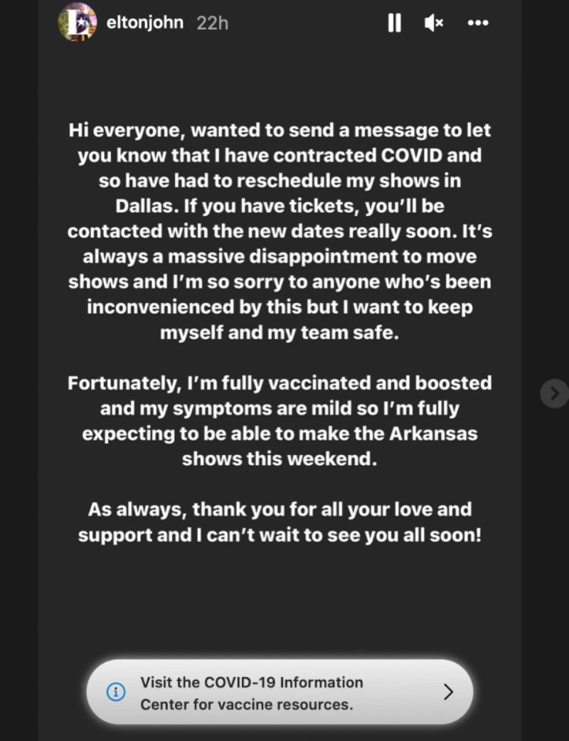 H ανακοίνωση του Έλτον Τζον στο Instagram.