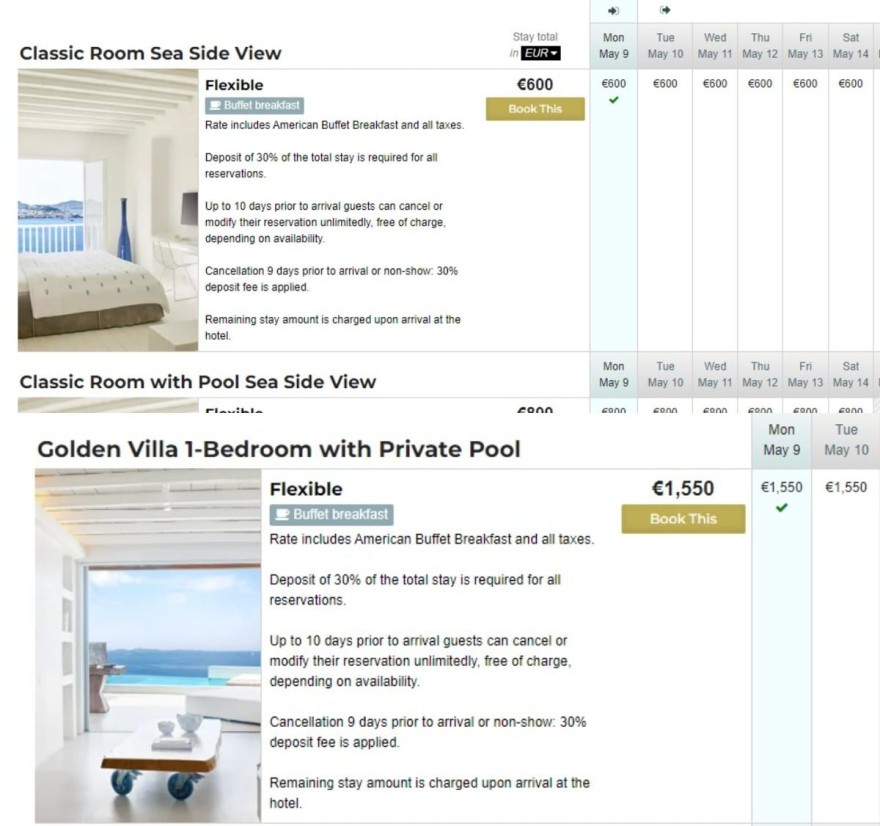 Cavo Tagoo τιμές Μύκονος