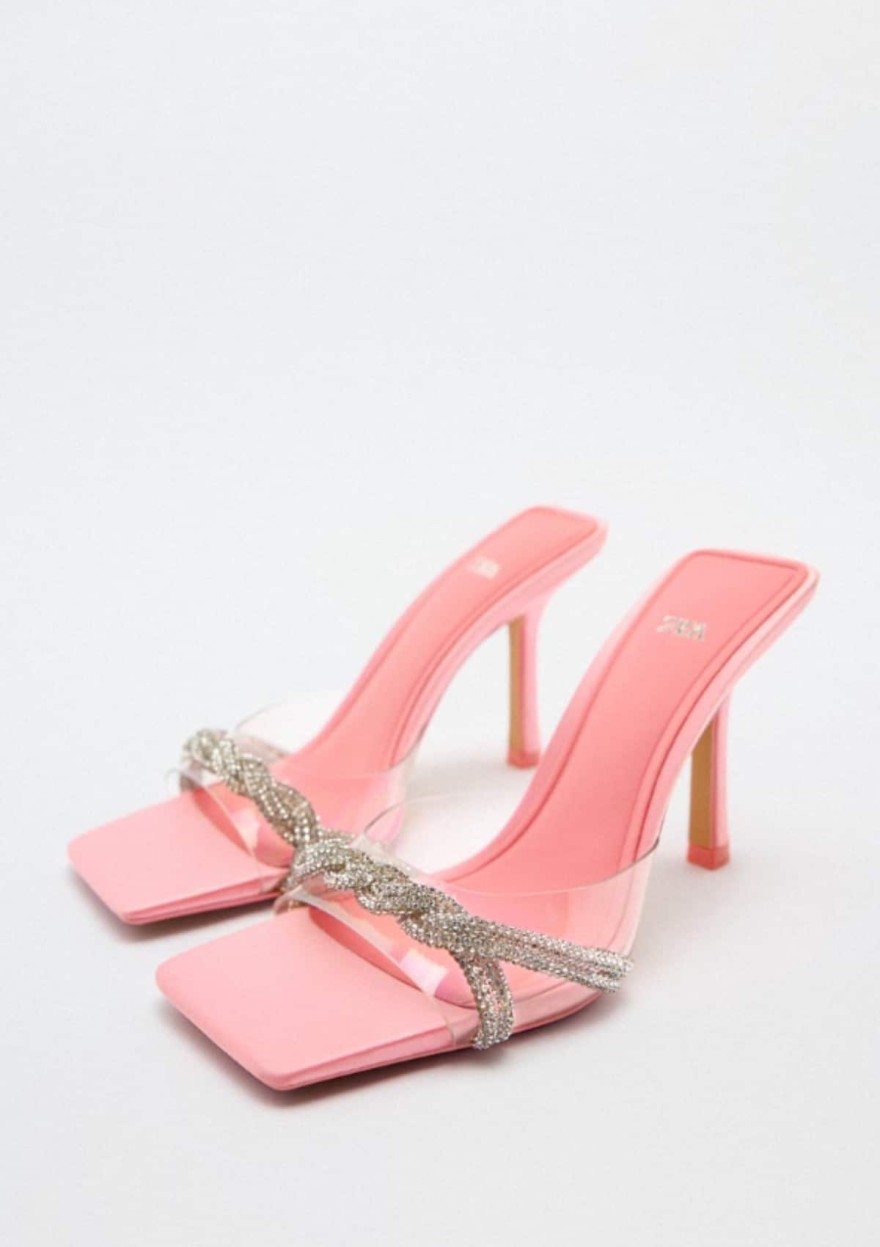 ροζ πέδιλα με βινύλιο και στρας zara