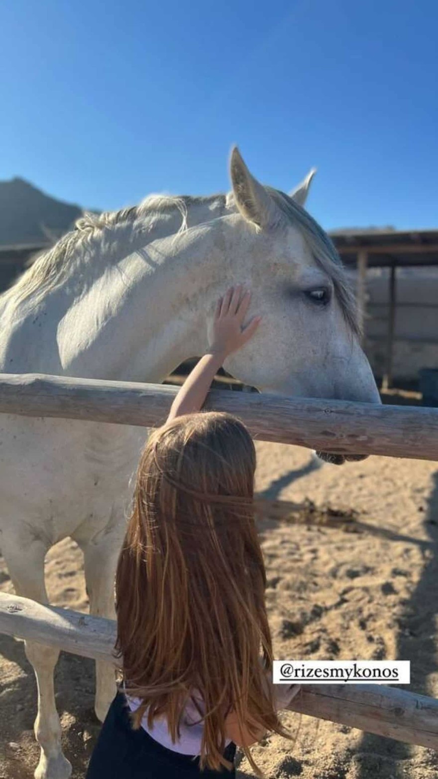 Η κόρη της Υβόννης Μπόσνιακ και του Αντώνη Ρέμου χαιδεύει ένα άλογο