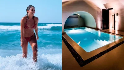 Κρυφοί φωτισμοί και εσωτερικές πισίνες - Το βίντεο της Οικονομάκου από το πολυτελές ξενοδοχείο του Μιχόπουλου στη Σαντορίνη