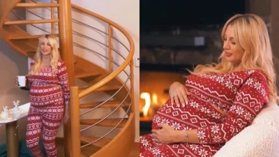 Η Κωνσταντίνα Σπυροπούλου σε Χριστουγεννιάτικη διαφήμιση των Jumbo με ολόσωμη κολλητή φόρμα και φουσκωμένη κοιλίτσα