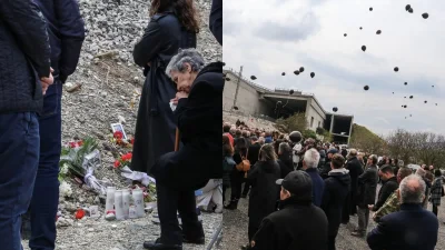 Με κεριά και μαύρα μπαλόνια - Σπαρακτικές εικόνες από το μνημόσυνο που τελέστηκε σήμερα στα Τέμπη