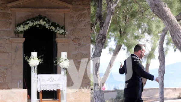 Έφτασε πρώτος ο Πάνος Μουζουράκης στην εκκλησία - Περιμένει με μαύρο κοστούμι & παπιγιόν τη Μαριλού Κοζάρη