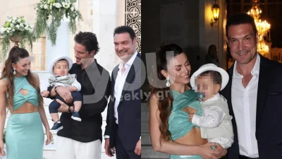 Με πράσινη τουαλέτα δίπλα στον Σταθοκωστόπουλο η Σιαμπάνη στη βάφτιση του γιου τους - Αγκαλιά με τον γιο τους ο νονός, Νίκος Οικονομόπουλος
