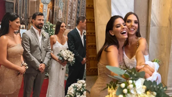 Κουμπάρα η Χριστίνα Μπόμπα - Με εντυπωσιακό στράπλες φόρεμα γεμάτο στρας δίπλα στη νύφη