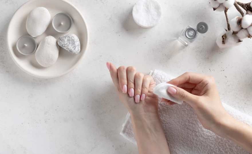 γυναίκα αφαιρεί το ακρυλικό μανικιούρ της