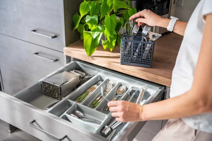 γυναίκα τακτοποιεί συρτάρι κουζίνας