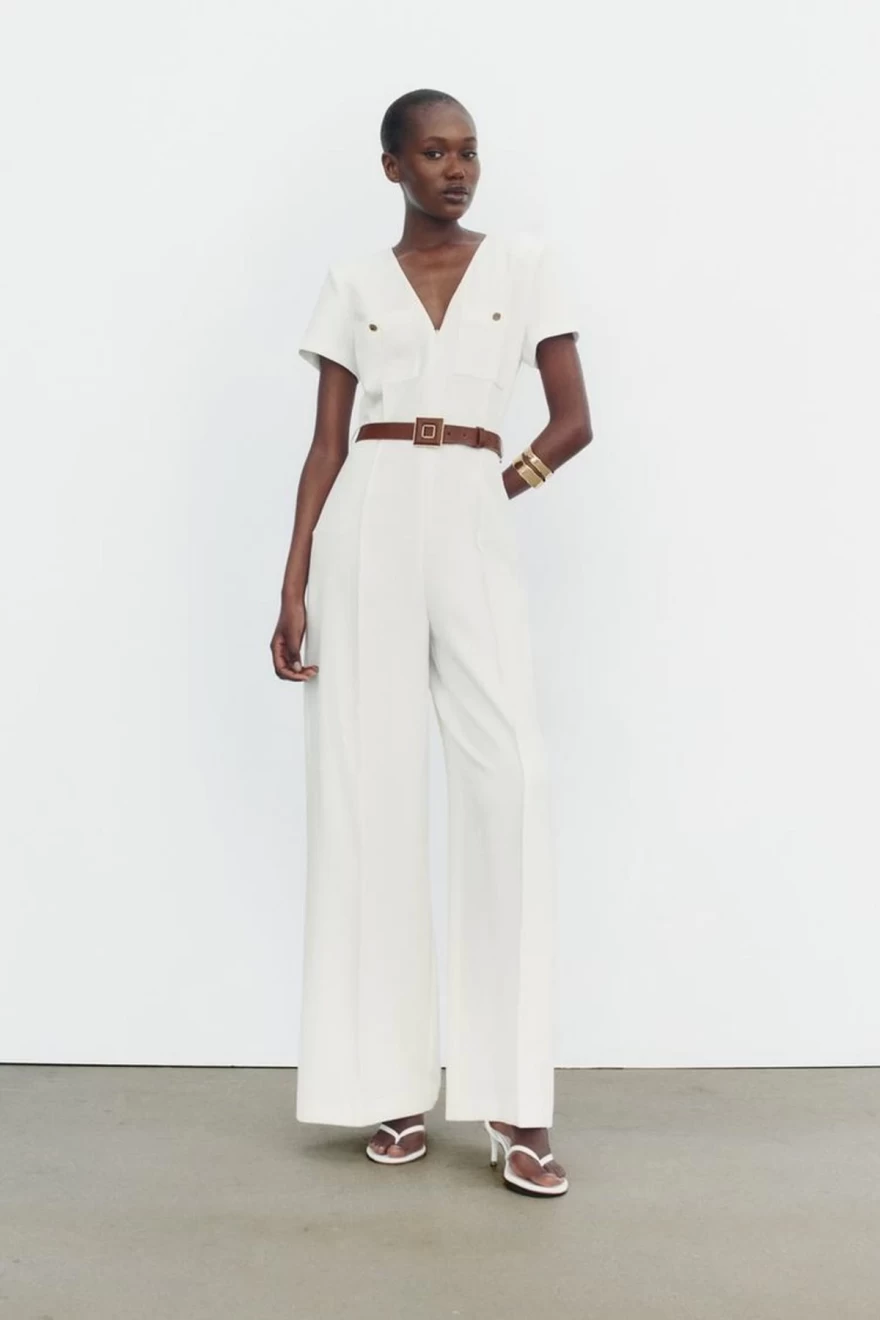 zara ολόσωμη λευκή φόρμα με V ντεκολτέ