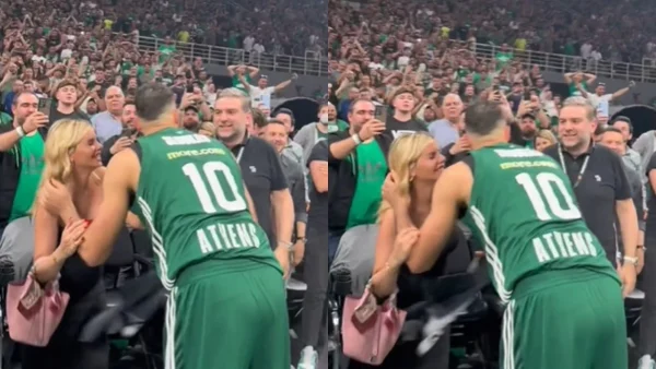 Κώστας Σλούκας: Το φιλί στην εγκυμονούσα σύζυγό του, Μαρία Δαρσινού μετά τη νίκη του Παναθηναϊκου - Με στενό μαύρο φόρεμα στις κερκίδες