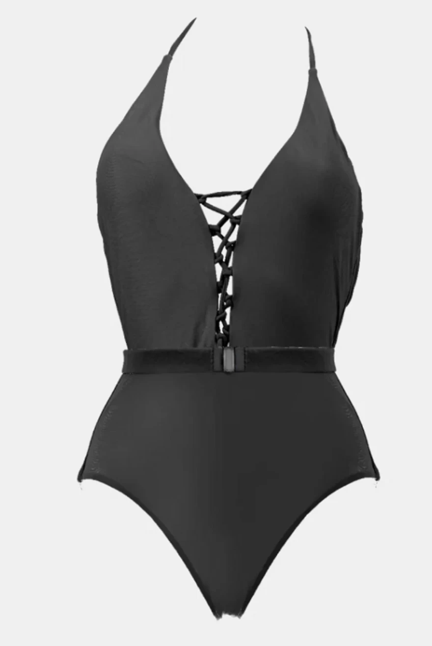 ολόσωμο μαύρο μαγιό με κορδόνια