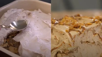 Εύκολο γλυκό ψυγείου με μπισκότα και πραλίνα σοκολάτας - Βάζετε όλα τα υλικά σε ένα ταψί και είναι έτοιμο στο πι και φι