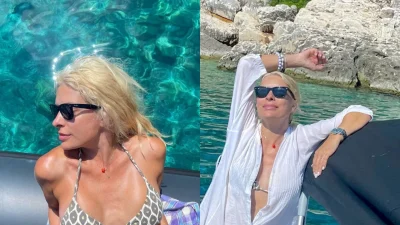 Ελένη Μενεγάκη: Στο φουσκωτό σκάφος του Ματέο Παντζόπουλου - Αρμενίζει στη θάλασσα Κυριακάτικα με τον σύζυγό της