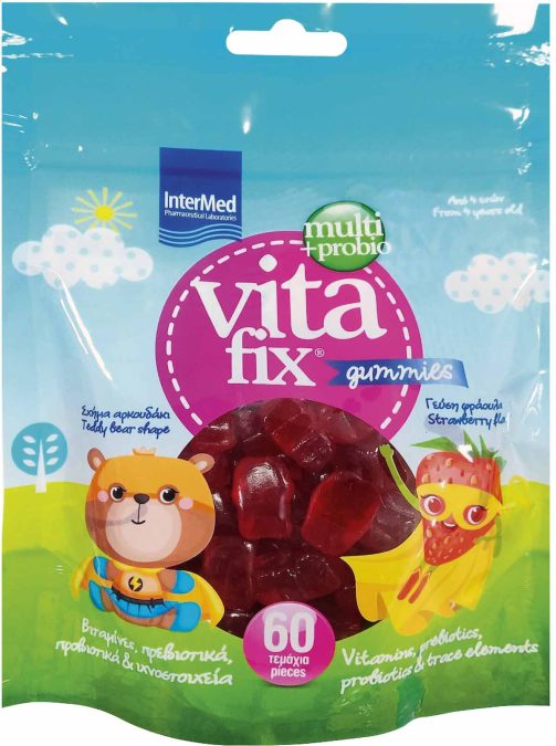 Ζελδάκια σε σχήμα αρκουδάκι με γεύση φράουλα με βιταμίνες, πρεβιοτικά, προβιοτικά και ιχνοστοιχεία για παιδιά 4 ετών και πάνω, Vitafix, Multi+Probio, Gummies, InterMed (στα Φαρμακεία από την InterMed)