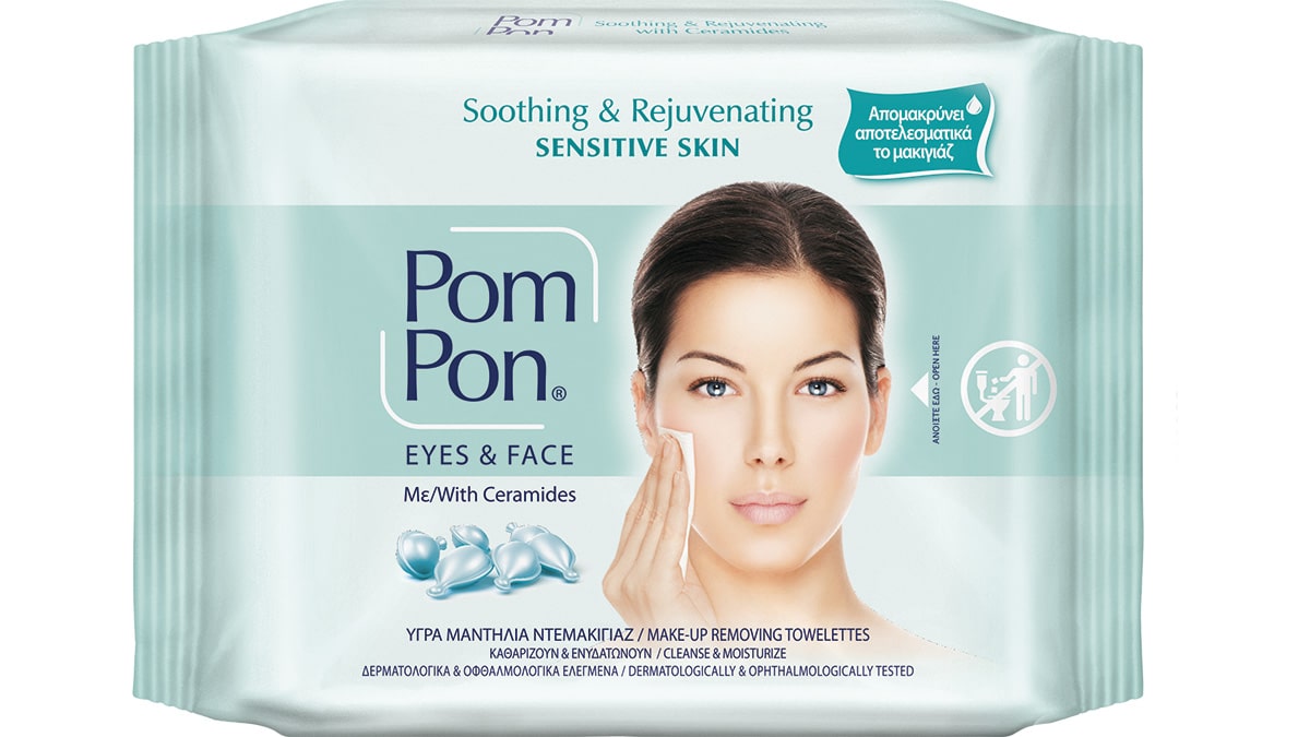 Υγρά μαντιλάκια ντεμακιγιάζ με ceramides για το ευαίσθητο δέρμα, Sensitive Skin, Soothing & Rejuvenating, Eyes & Face, Pom Pon