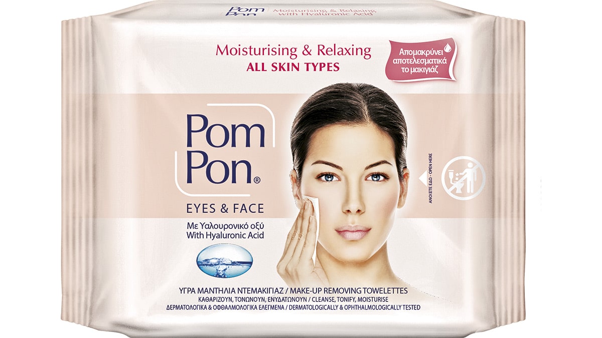 Υγρά μαντιλάκια ντεμακιγάζ με υαλουρονικό οξύ, Moisturising & Relaxing, All Skin Types, Eyes & Face, Pom Pon