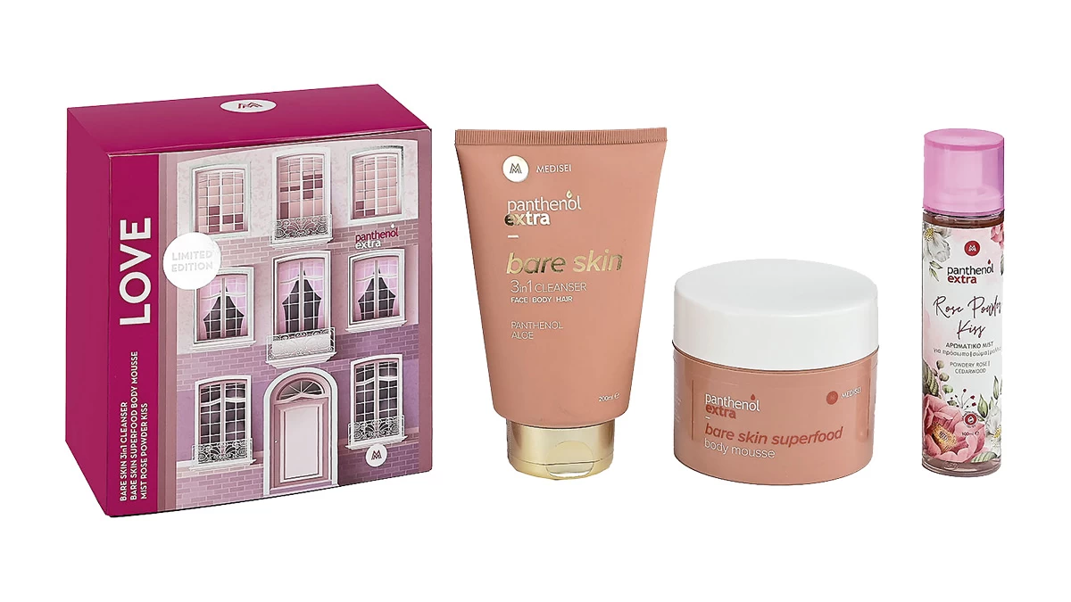 Limited edition πακέτο LOVE που περιλαμβάνει: το αφρόλουτρο Bare Skin 3in1 Cleanser, το μους σώματος Bare Skin Superfood Body Mousse και το αρωματικό mist Rose Powder Kiss Mist, Panthenol extra (στα Φαρμακεία, medisei.gr)