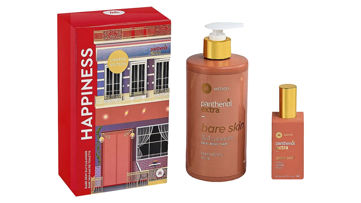 Limited edition πακέτο Happiness, που περιλαμβάνει το αφρόλουτρο και σαμπουάν Bare Skin 3 in 1 Cleanser & το Eau de Toilette Bare Skin, Panthenol extra (στα Φαρμακεία, medisei.gr)