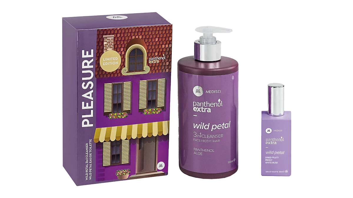Limited edition κιτ Pleasure, που περιέχει το Wild Petal 3 in 1 Cleanser και το άρωμα Eau de Toilette Wild Petal, Panthenol Extra (στα φαρμακεία, medisei.gr)