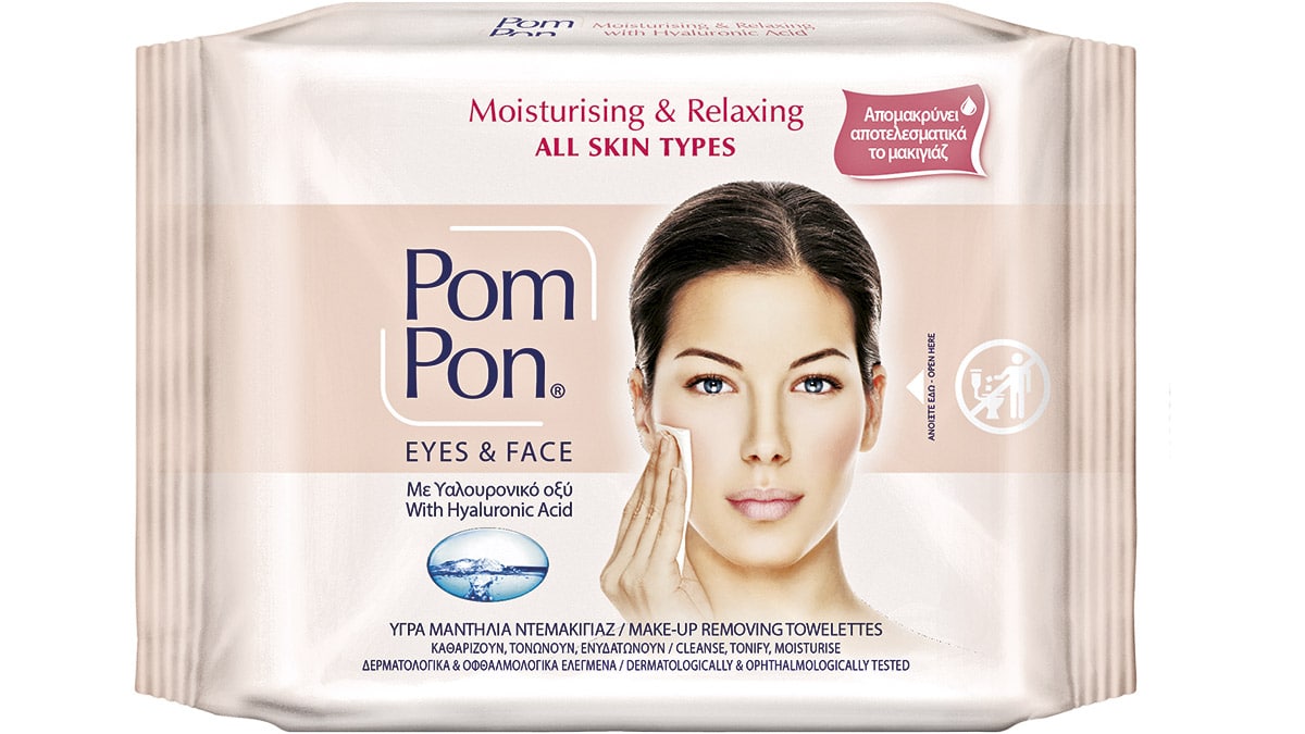 Υγρά μαντήλια ντεμακιγιάζ με υαλουρονικό οξύ, Moisturising & Relaxing, Eyes & Face, Pom Pon
