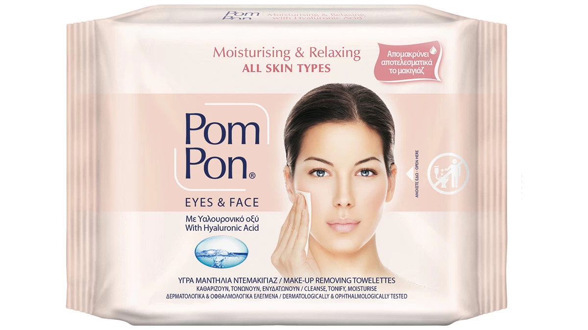 Υγρά μαντιλάκια ντεμακιγιάζ με υαλουρονικό οξύ, Moisturising & Relaxing, All Skin Types, Eyes & Face, Pom Pon