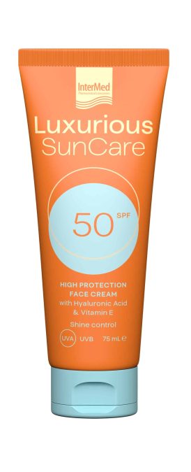 Αντηλιακή κρέμα προσώπου για υψηλή προστασία και ανάπλαση, Luxurious, SunCare, High Protection Face Cream SPF50, InterMed (σε φαρμακεία & σε επιλεγμένα καταστήματα λιανικής από την InterMed)