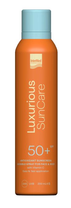 Διάφανο αντηλιακό σπρέι για το πρόσωπο & το σώμα, Luxurious SunCare, Antioxidant Sunscreen Invisible Spray SPF50+, InterMed (σε φαρμακεία & σε επιλεγμένα καταστήματα λιανικής από την InterMed)
