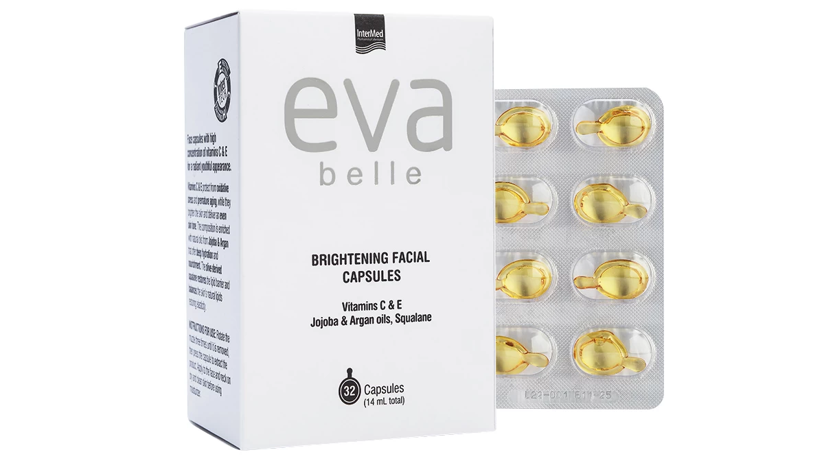 Booster μονοδόσεις σταθερής βιταμίνης C, βιταμίνης Ε, Jojoba & Argan Oils, Squalane για λαμπερή, φωτεινή και νεανική επιδερμίδα, Eva Belle, Brightening Facial Capsules, InterMed (στα Φαρμακεία και σε επιλεγμένα καταστήματα καλλυντικών  από την InterM