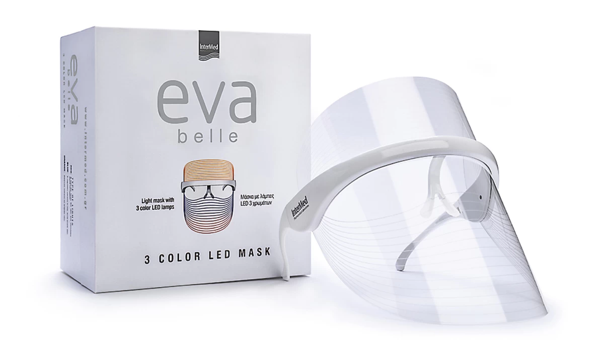 Μάσκα µε λάμπες LED 3 χρωμάτων, η οποία τονώνει τοπικά την µικροκυκλοφορία του αίµατος και εξισορροπεί τη λιπαρότητα, Eva Belle, InterMed (σε φαρμακεία & σε επιλεγμένα καταστήματα λιανικής)
