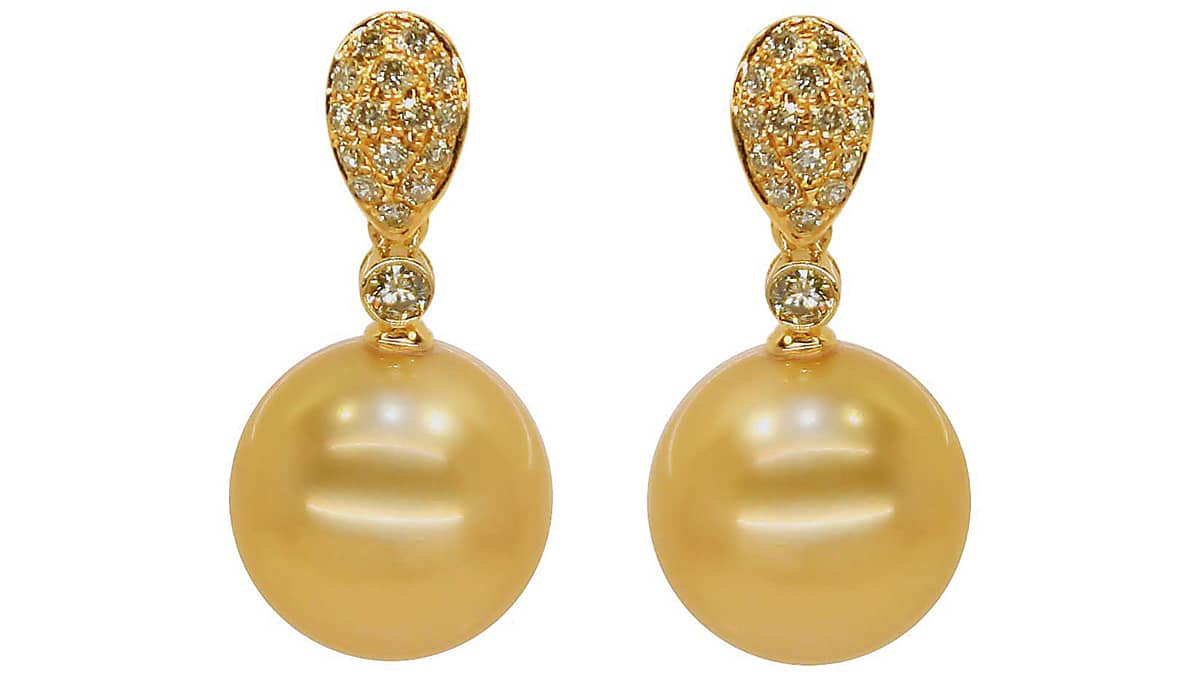 Σκουλαρίκια από κίτρινο χρυσό κ18 με μαργαριτάρια Νοτίων Θαλασσών και μπριγιάν Pearls Center, pearlscenter.gr