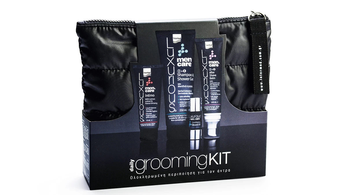 Luxurious Men’s care Daily Grooming Kit που περιέχει τα: 2 in 1 Shampoo & Shower Gel, After Shave Balm, Conditioning Beard oil & Men’s Care Intimo, InterMed (στα φαρμακεία και σε επιλεγμένα καταστήματα λιανικής, από την InterMed)