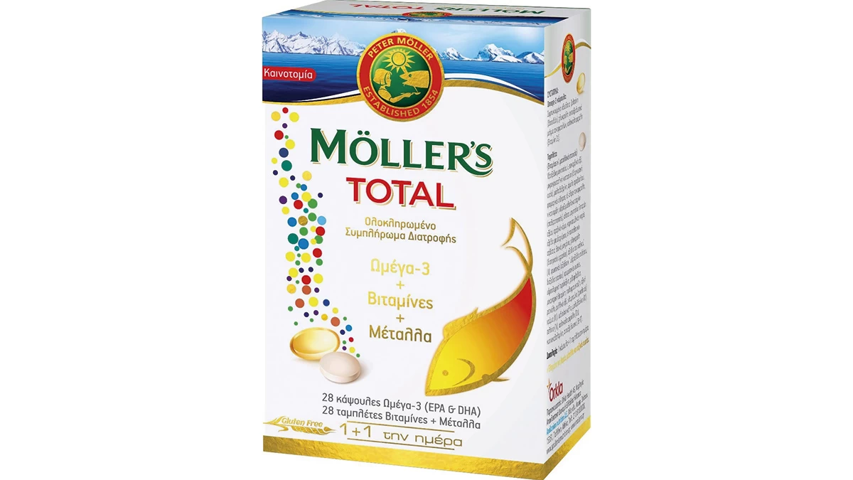 Ολοκληρωμένο συμπλήρωμα διατροφής που μεταξύ άλλων, ενισχύει τον οργανισμό και τονώνει το ανοσοποιητικό διατηρώντας τη φυσιολογική λειτουργία του δέρματος, των μαλλιών & των νυχιών, Ωμέγα-3 + Βιταμίνες + Μέταλλα, Total, Μӧller's (στα Φαρμακεία, apoll