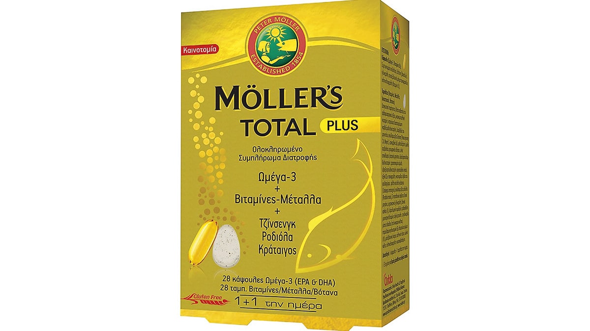 Συμπλήρωμα διατροφής με ωμέγα 3, βιταμίνες, μέταλλα & βότανα για την τόνωση του οργανισμού, Total Plus, Möller's (στα Φαρμακεία, apolloniannutrition.gr)