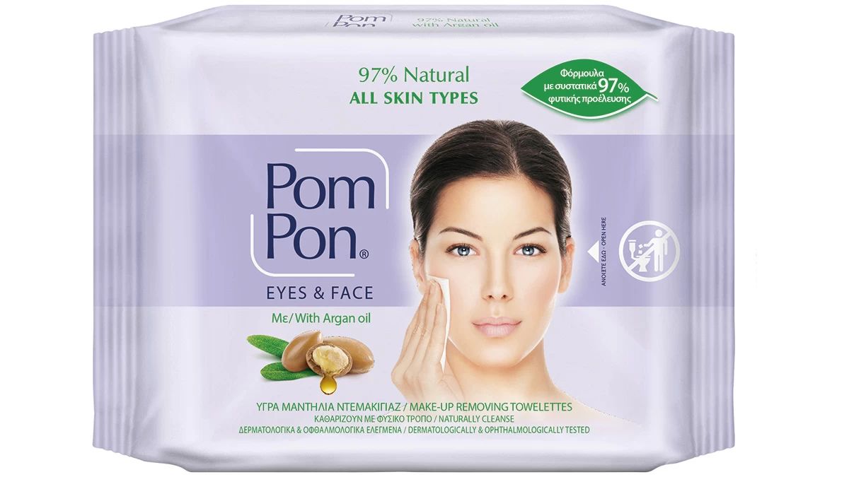 Υγρά μαντιλάκια ντεμακιγιάζ με Argan Oil, 97% Natural All Skin Types, Eyes & Face, Pom Pon