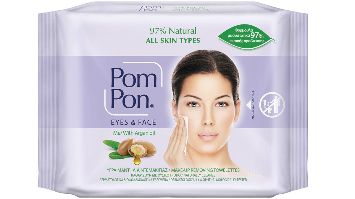 Υγρά μαντήλια ντεμακιγιάζ με έλαιο Argan, 97% Natural, All Skin Types, Eyes & Face, Pom Pon